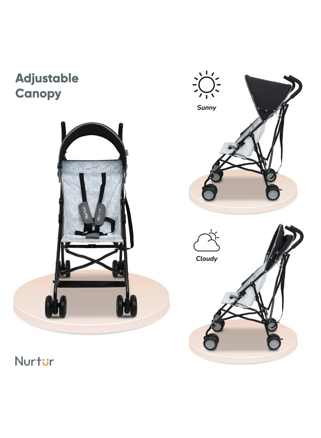 Nurtur Rex Lightweight Stroller – Compact Fold, Sun Canopy, Shoulder Strap, Airflow Design, Portable Buggy for Toddlers 6-36 Months, Easy Fold, - Black / Grey
