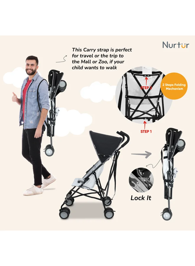 Nurtur Rex Lightweight Stroller – Compact Fold, Sun Canopy, Shoulder Strap, Airflow Design, Portable Buggy for Toddlers 6-36 Months, Easy Fold, - Black / Grey