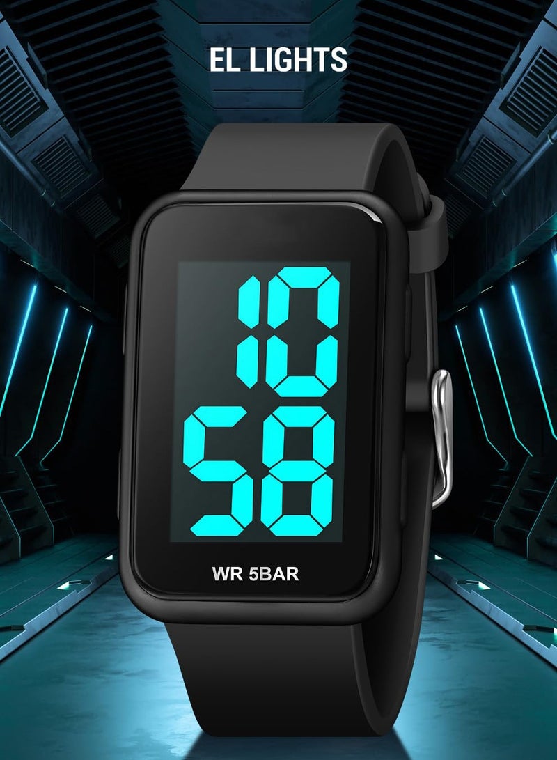 SYOSI ساعة رقمية مربعة رقمية للرجال والنساء مقاومة للماء مع قرص بأرقام كبيرة وإضاءة خلفية EL وشاشة عرض تقويم بسيطة وعصرية للطلاب والمراهقين باللون الأسود - Image 2