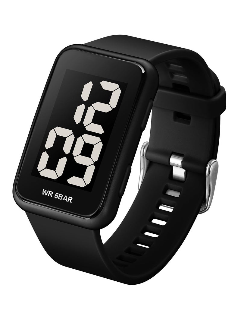 SYOSI ساعة رقمية مربعة رقمية للرجال والنساء مقاومة للماء مع قرص بأرقام كبيرة وإضاءة خلفية EL وشاشة عرض تقويم بسيطة وعصرية للطلاب والمراهقين باللون الأسود - Image 1