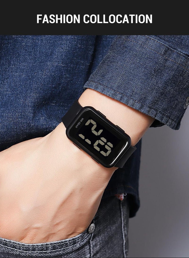 SYOSI ساعة رقمية مربعة رقمية للرجال والنساء مقاومة للماء مع قرص بأرقام كبيرة وإضاءة خلفية EL وشاشة عرض تقويم بسيطة وعصرية للطلاب والمراهقين باللون الأسود - Image 4