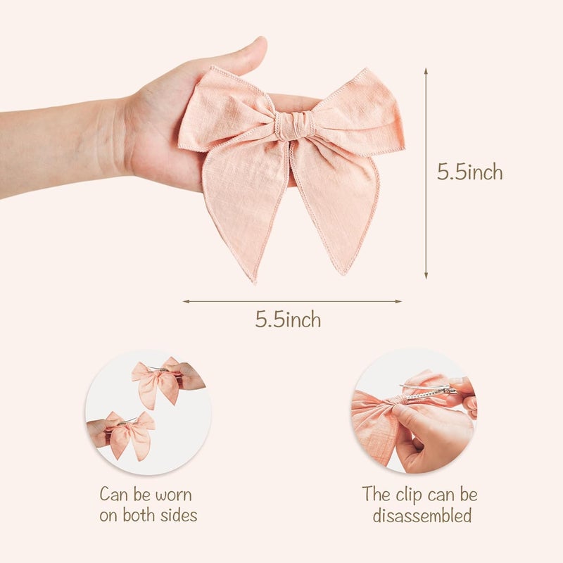 Niceye Fable Girls Hair Bows Cotton Linen Alligator Hair Clips or Little Girls Toddlers Kids Neutral Handmade Hair Accessories - 5.5â€ bow - Image 2