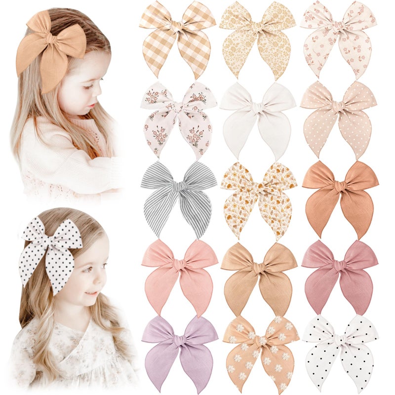 Niceye Fable Girls Hair Bows Cotton Linen Alligator Hair Clips or Little Girls Toddlers Kids Neutral Handmade Hair Accessories - 5.5â€ bow - Image 1