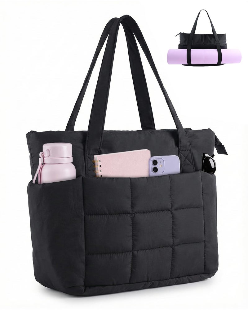 U+U UU Puffer Tote Bag for Women Quilted Work Handbag with Compartments Lightweight Puffy Shoulder Bag with Yoga Mat Strap for Daily Travel and Gym Black - Image 2