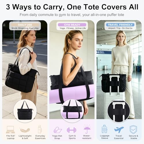 U+U UU Puffer Tote Bag for Women Quilted Work Handbag with Compartments Lightweight Puffy Shoulder Bag with Yoga Mat Strap for Daily Travel and Gym Black - Image 3