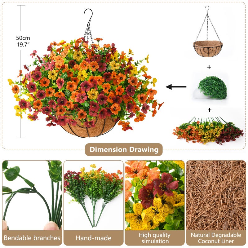 ZFProcess Artificial Fake Hanging Plants Flowers Basket, Faux Silk Daisy in Planter Realistic UV Resistant for Outside Home Patio Balcony Yard Mums Autumn Outdoor Decoration (Orange Brown Yellow) - Image 2