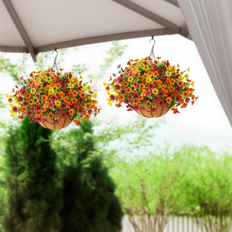 ZFProcess Artificial Fake Hanging Plants Flowers Basket, Faux Silk Daisy in Planter Realistic UV Resistant for Outside Home Patio Balcony Yard Mums Autumn Outdoor Decoration (Orange Brown Yellow) - Image 5
