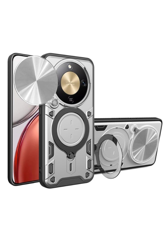 Case Cover Shockproof CD Protective Case with Camera Protection and Metal Ring Compatible with  Honor X9d (Silver)