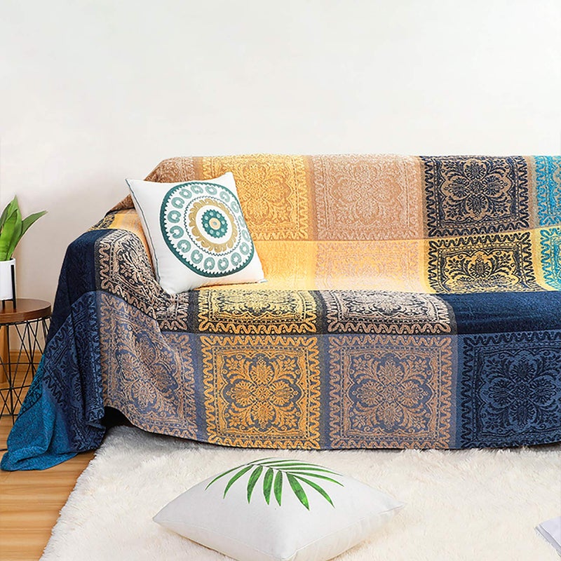 MayNest MayNest Bohemian Tribal Throws Blankets Reversible Colorful Red Blue Boho Hippie Chenille Jacquard Fabric Throw Covers Large Couch Furniture Sofa Chair Loveseat Recliner Oversized Blue L102x87 