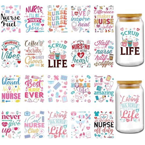 AFRITEE UV DTF Cup Wrap 20 Sheets Nurse UV DTF Cup Wrap for 16 oz Glass Water Bottle Stethoscope Inspirational Quotes Uvdtf Transfer Stickers for RN CNA LPN Appreciation Gift