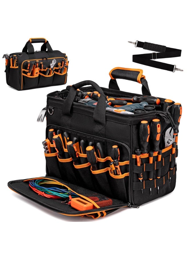 17-Inch Tool Bags for Men Heavy Duty, 46-Pocket Heavy Duty Tool Bag, Foldable Hvac Tool Bag Organizer with Wide Mouth & Adjustable Shoulder Strap for Electricians Mechanics Craftsman Contractor