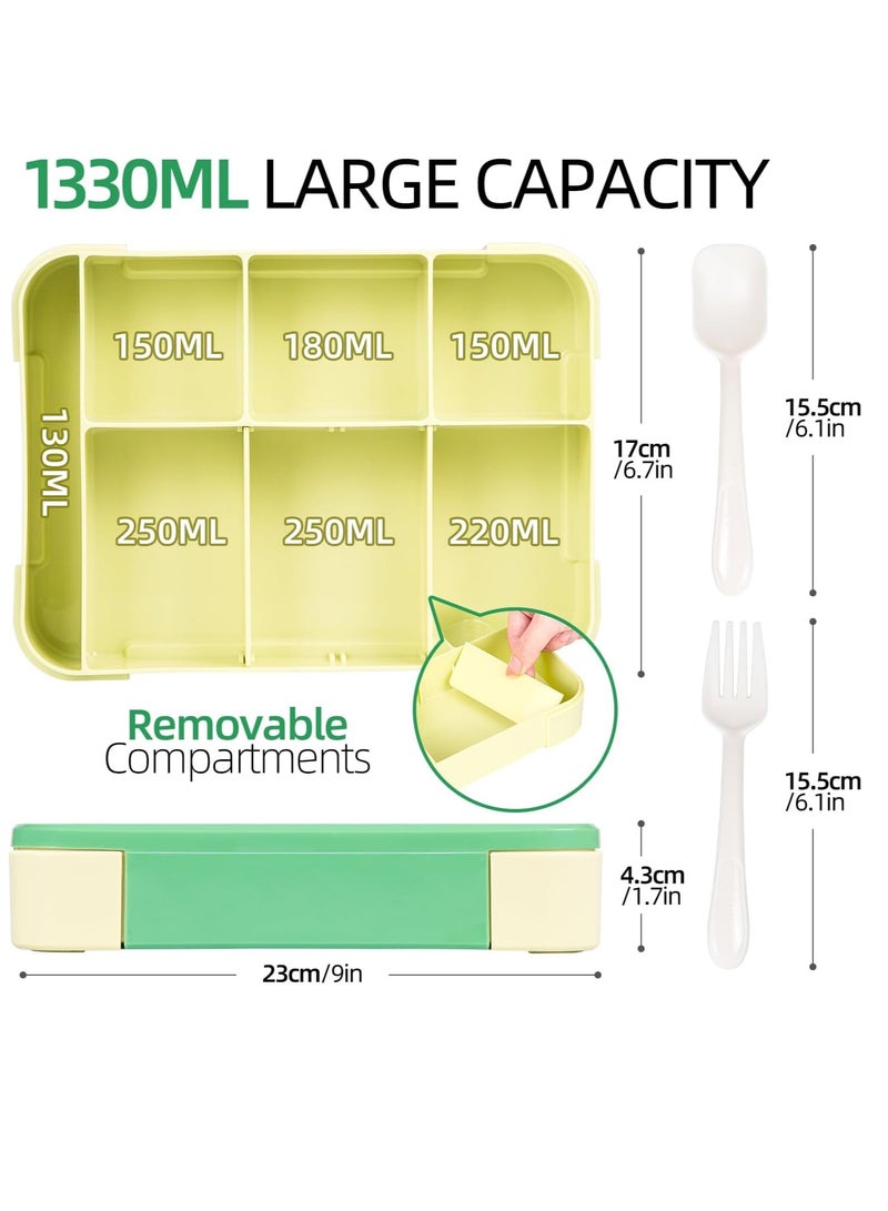 Gonice Bento Lunch Box for Kids, 1330ML Bento Box Adult Lunch Box with 6 Compartment, Leakproof Snack Boxes with Utensil Sauce Dressing Containers, Reusable On-the-Go Meal and Snack Packing(Green)  - Image 3