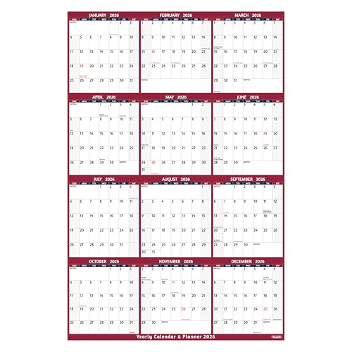 BowCuk 2026 Yearly Wall Calendar - Large Yearly Calendar 2026, Jan 2026 - Dec 2026, 25.2" x 38.2" (Open), 2026 Calendar, Large Wall Calendar 2026, Full Year Paper with Notes, Thicker Paper - Red - Image 1