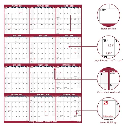 BowCuk 2026 Yearly Wall Calendar - Large Yearly Calendar 2026, Jan 2026 - Dec 2026, 25.2" x 38.2" (Open), 2026 Calendar, Large Wall Calendar 2026, Full Year Paper with Notes, Thicker Paper - Red - Image 3