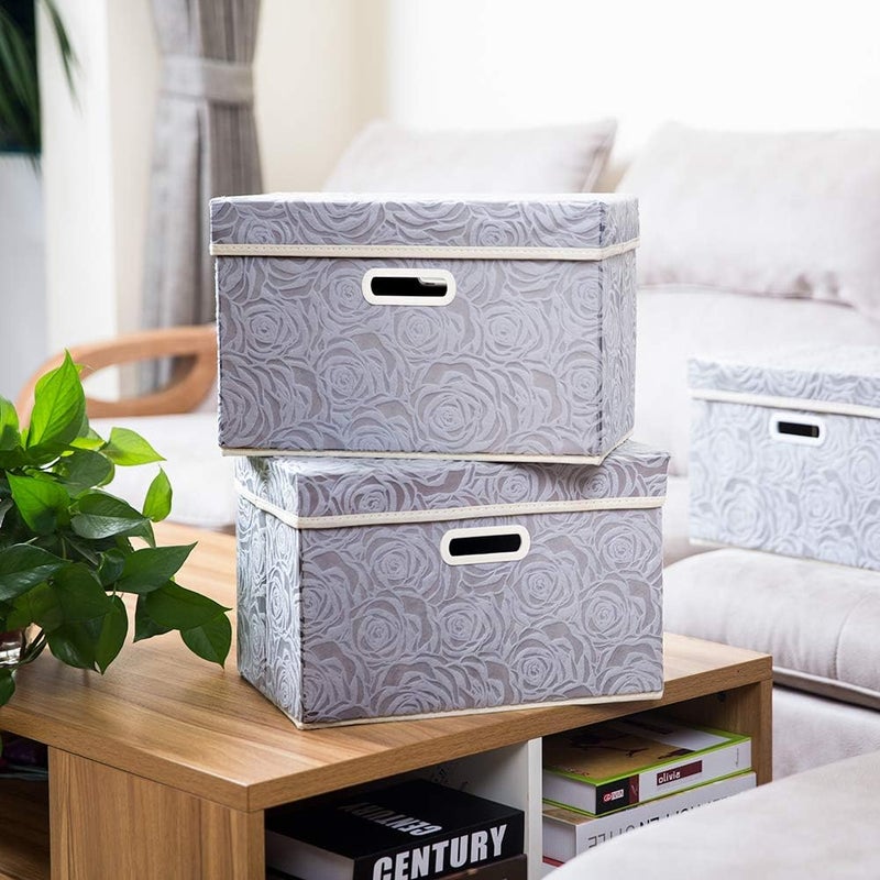 PRANDOM Collapsible Storage Boxes with Lids Fabric Decorative Storage Bins Cubes Organizer Containers Baskets with Cover Handles Divider for Bedroom Closet Living Room 14.9x9.8x9.8 Inch 3 Pack - Image 2