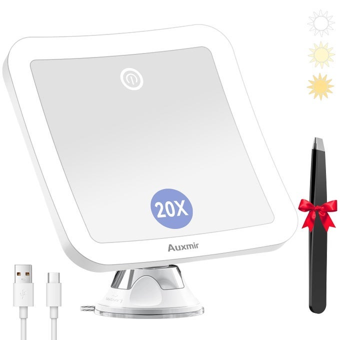 MAGNIFYING MIRROR WITH LIGHT 20X MAGNIFYING LIGHTED MAKEUP MIRROR WITH POWERFUL SUCTION CUP AND TWEEZERS 360 ROTATING 2000 MAH RECHARGEABLE 3 LIGHT COLORS FOR SHAVING BATHROOM TRAVEL