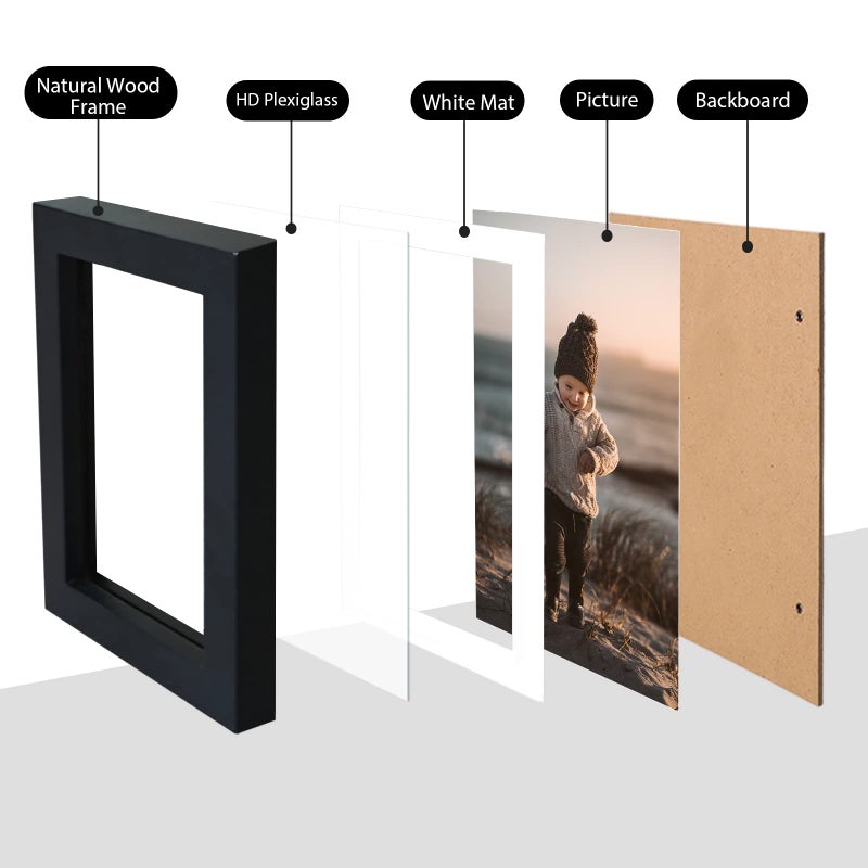 KINLINK 4x6 Picture Frames Black - Wood Frames with Acrylic Plexiglass for 3.5x5 with Mat or 4x6 without Mat  Tabletop and Wall Mounting Display Black 4 Pack - Image 3