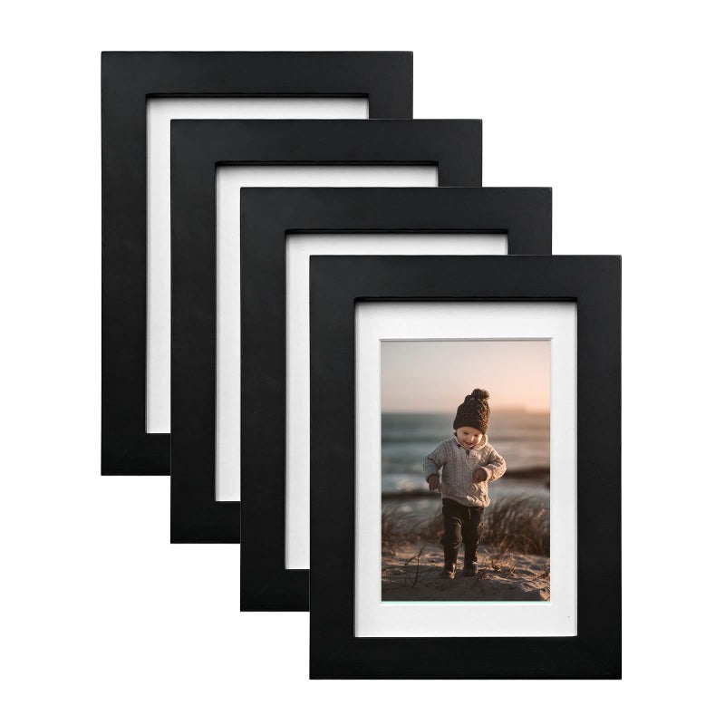 KINLINK 4x6 Picture Frames Black - Wood Frames with Acrylic Plexiglass for 3.5x5 with Mat or 4x6 without Mat  Tabletop and Wall Mounting Display Black 4 Pack - Image 1