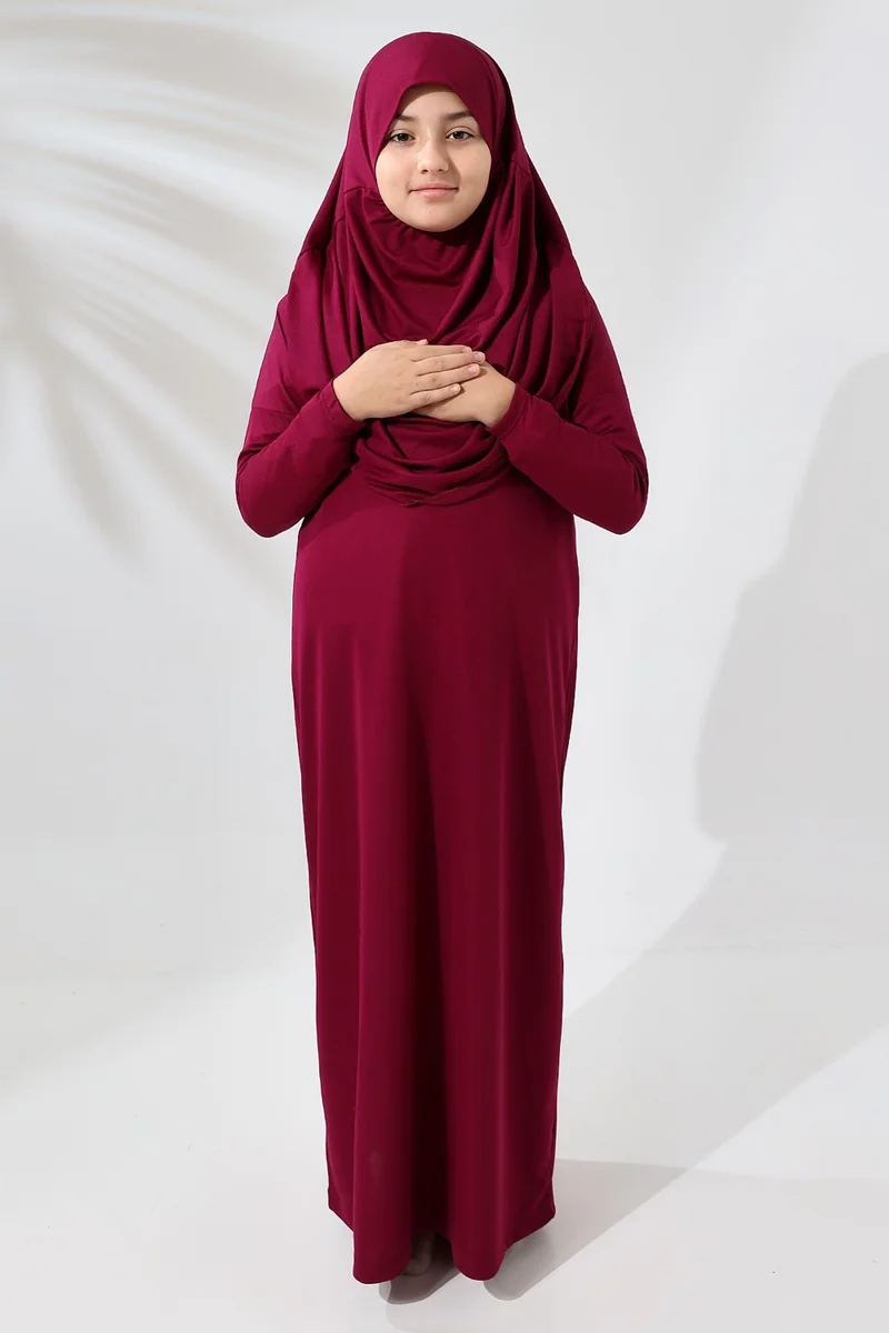 İhvan Online One Piece Practical Children's Prayer Dress with Headscarf Claret Red