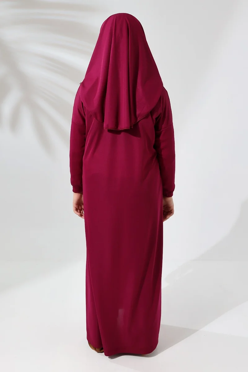 İhvan Online One Piece Practical Children's Prayer Dress with Headscarf Claret Red