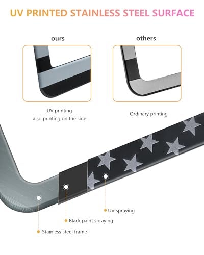 GNSZSN American Flag License Plate Frames - 2 Pack Black Stainless Steel Patriotic USA Car Tag Frame with UV-Printed Flag & 3D Metal Decals - Image 4