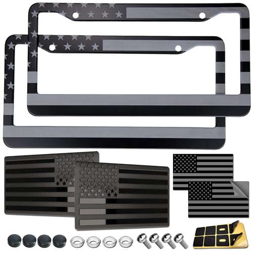 GNSZSN American Flag License Plate Frames - 2 Pack Black Stainless Steel Patriotic USA Car Tag Frame with UV-Printed Flag & 3D Metal Decals - Image 1