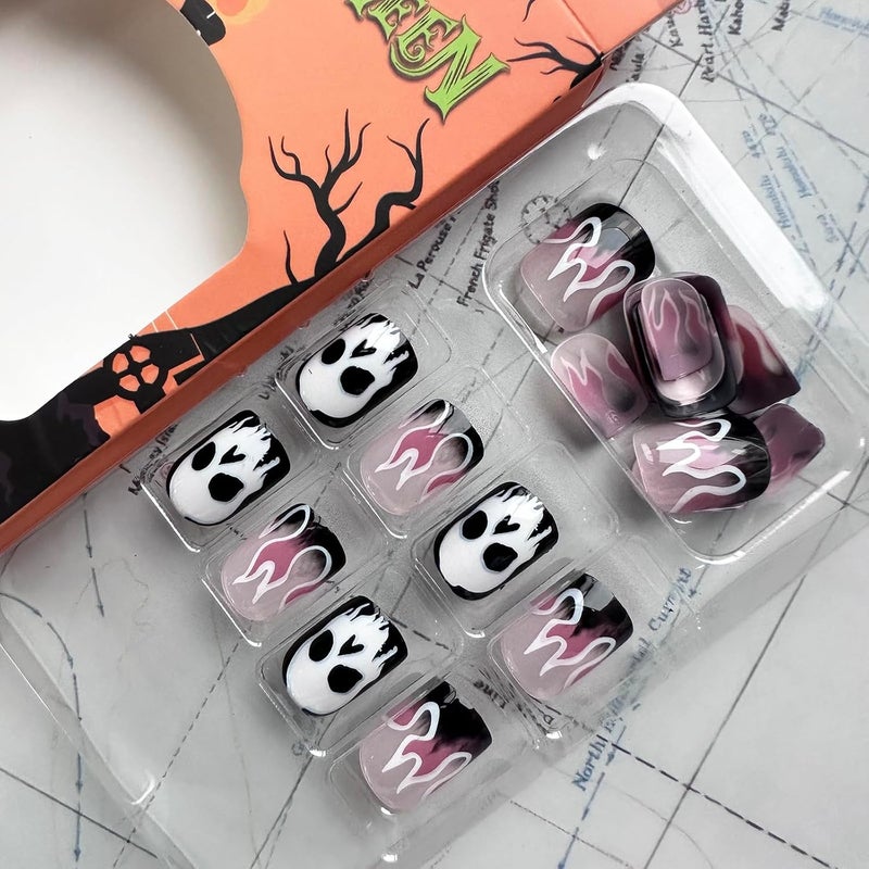 WULIUFLY Elegant practical design 24Pcs Halloween Press on Nails Short Square Fake Nails French Flame False Nails Full Cover Acrylic Nails Horror Skull Deigns Artificial Nails Glossy Glue on Nails Halloween Nails for Women Salt resistant coating - Image 2