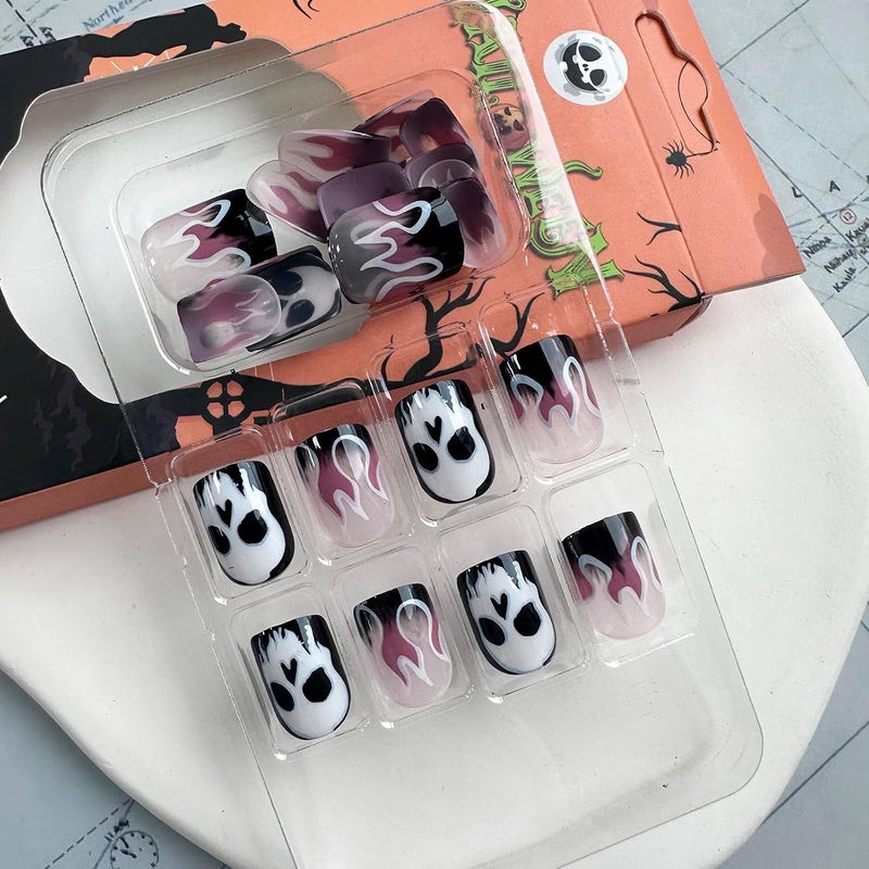 WULIUFLY Elegant practical design 24Pcs Halloween Press on Nails Short Square Fake Nails French Flame False Nails Full Cover Acrylic Nails Horror Skull Deigns Artificial Nails Glossy Glue on Nails Halloween Nails for Women Salt resistant coating - Image 3
