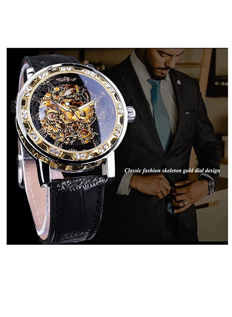 Zikra Automatic Mechanical Watches for Men, Retro Manual Mechanical Skeleton Watch with Diamond and Carving Flower Craft, Luxury Skeleton Wrist Watch Mechanical Classic Roman Number, Cutout Rhinestones - Image 5