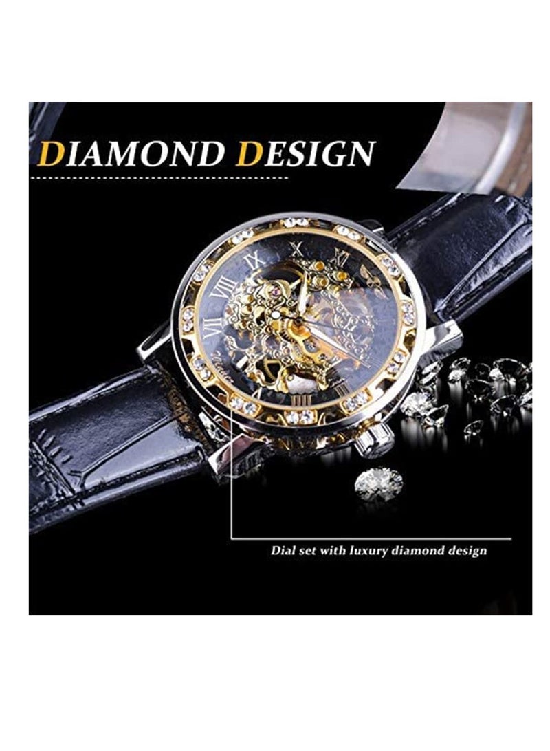 Zikra Automatic Mechanical Watches for Men, Retro Manual Mechanical Skeleton Watch with Diamond and Carving Flower Craft, Luxury Skeleton Wrist Watch Mechanical Classic Roman Number, Cutout Rhinestones - Image 2