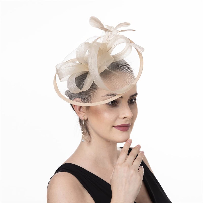 SAFERIN Vintage Fascinator Hat Women's Bridal Headpiece with Headband & Hair Clip for Tea Party (US, Alpha, Medium, SZ1-Beige) - Image 3