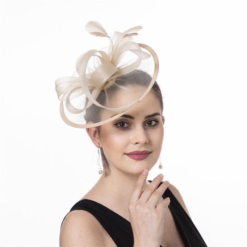 SAFERIN Vintage Fascinator Hat Women's Bridal Headpiece with Headband & Hair Clip for Tea Party (US, Alpha, Medium, SZ1-Beige) - Image 2