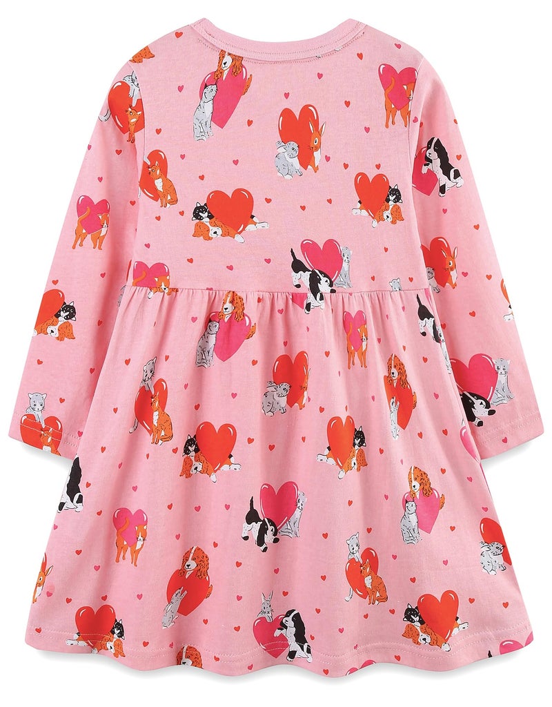 Bumeex Toddler Girl Dress Clothes 100% Cotton Fall Winter Spring Long Sleeve Casual Outfit Clothing Pink Dress Clothes with Heart and Dog Size 6 - Image 2