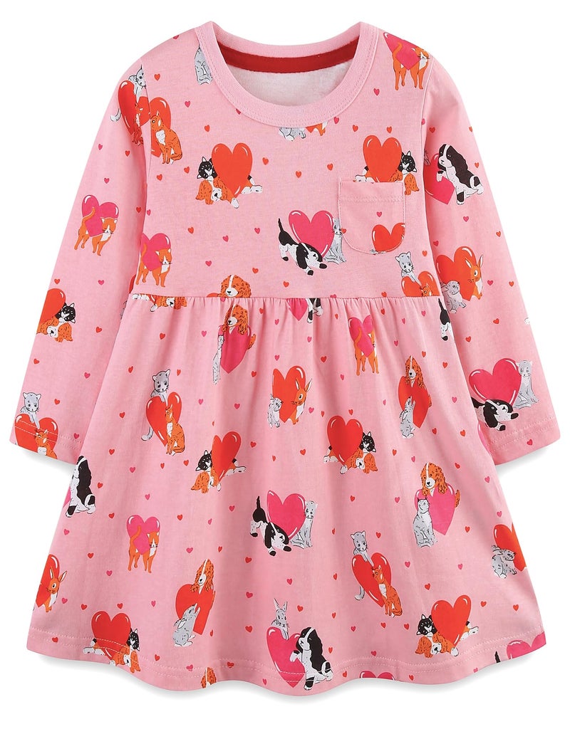 Bumeex Toddler Girl Dress Clothes 100% Cotton Fall Winter Spring Long Sleeve Casual Outfit Clothing Pink Dress Clothes with Heart and Dog Size 6 - Image 1