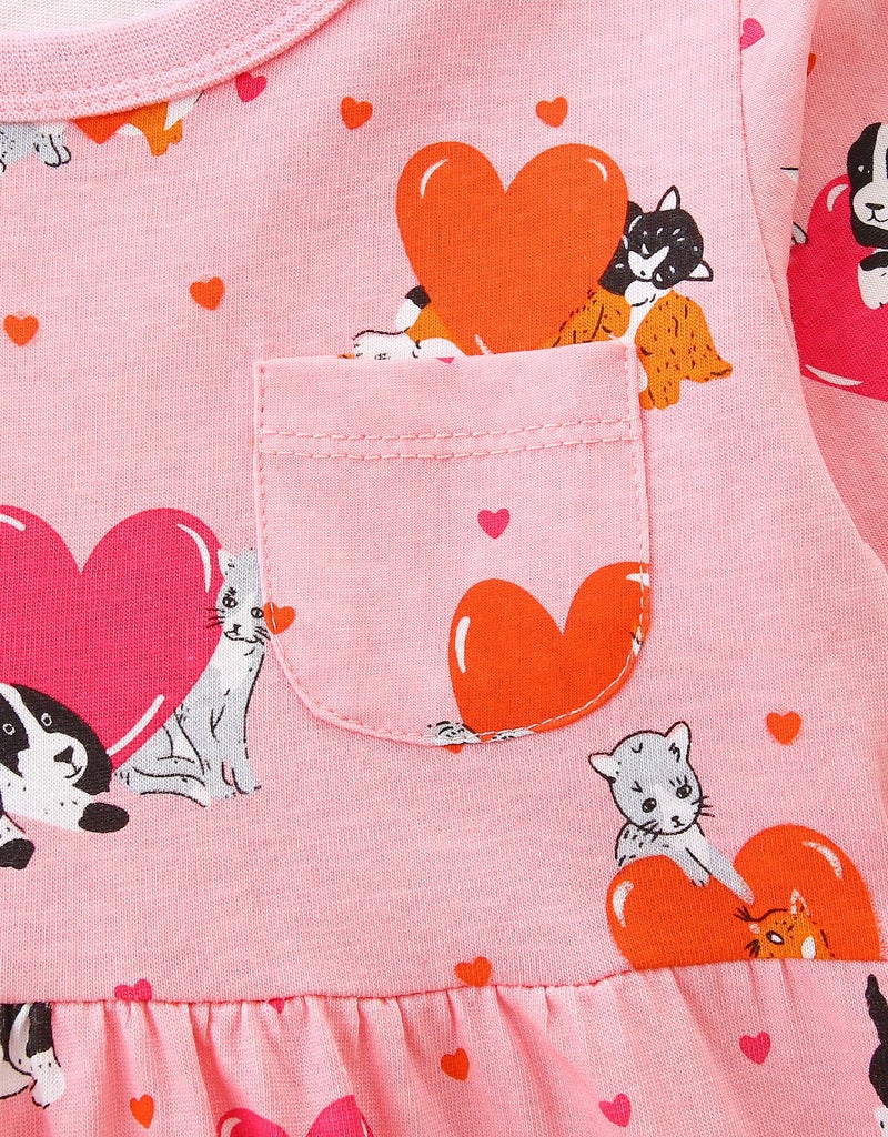 Bumeex Toddler Girl Dress Clothes 100% Cotton Fall Winter Spring Long Sleeve Casual Outfit Clothing Pink Dress Clothes with Heart and Dog Size 6 - Image 3
