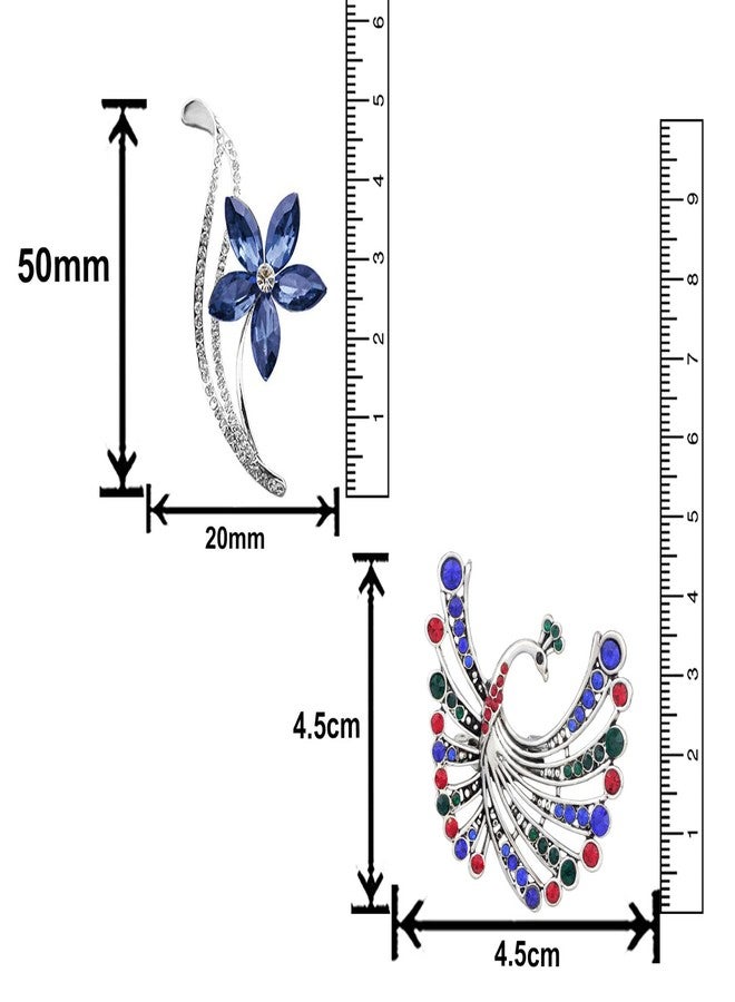 Mahi Combo of Floral and Peacock Shaped Wedding Brooch/Lapel Pin with Multicolor Crystals for Women (CO1105454R) - Image 4
