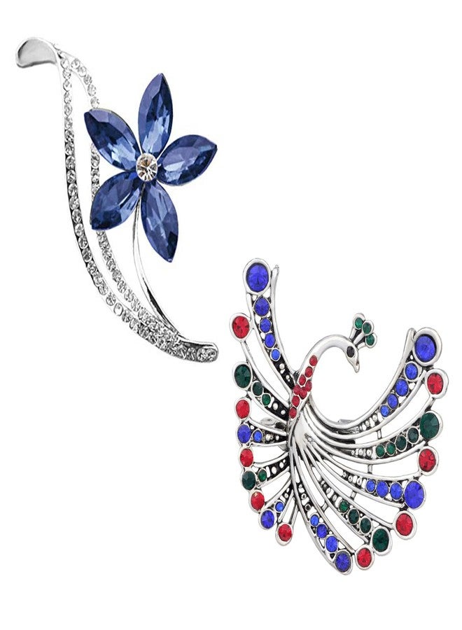 Mahi Combo of Floral and Peacock Shaped Wedding Brooch/Lapel Pin with Multicolor Crystals for Women (CO1105454R) - Image 5
