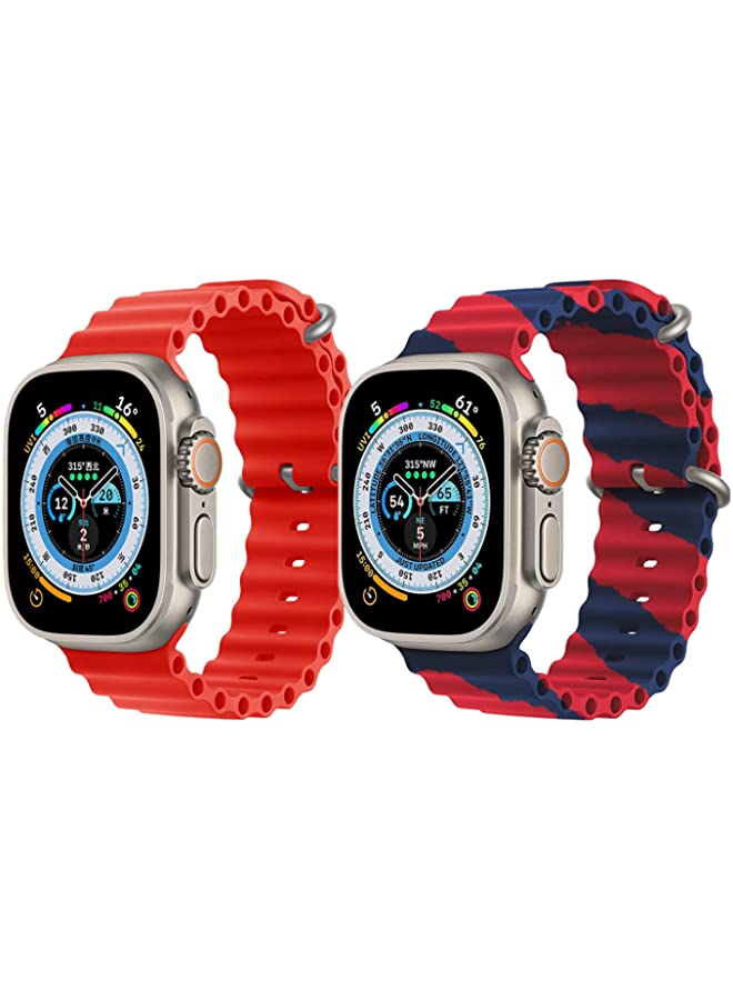 IAF Silicone Ocean Band Strap for Apple Watch Ultra 8 49mm Red Single Color Strap with Red/Blue Double Line Strap Set of 2