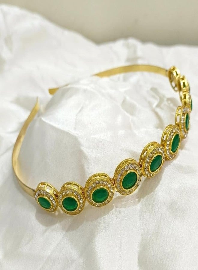 طوق شعر مطلي بالذهب بتصميم عرقي مرصع بأحجار الكوندان ومزين بتطريزات معدنية، مناسب للنساء والفتيات - 74 - Image 1