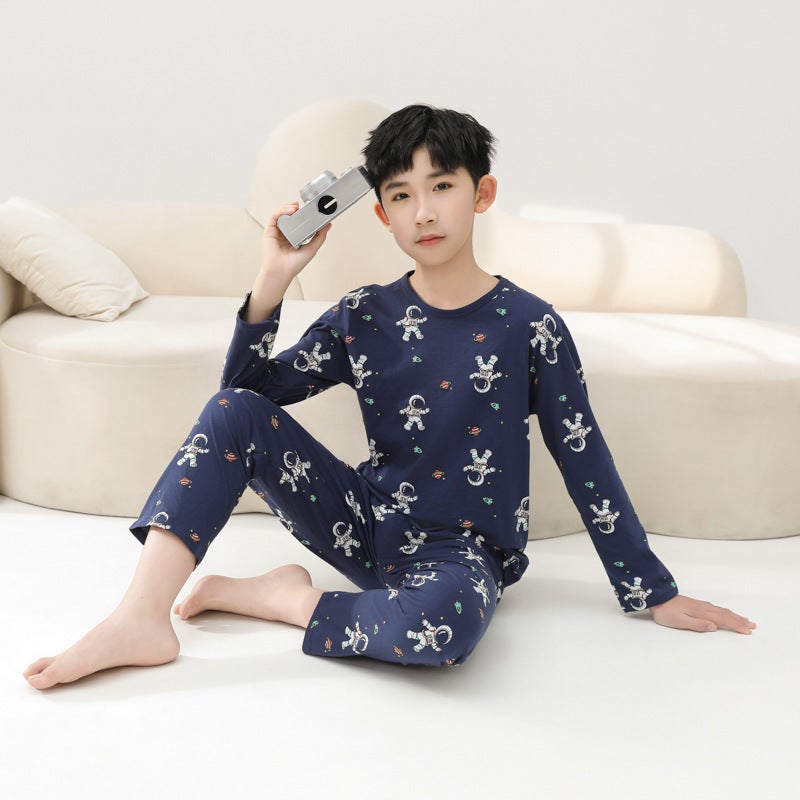 Spring Children'S Loose Casual Pure Cotton Round Neck Air Conditioner Home Clothes Small And Middle-Aged Boys Long-Sleeved Pants Pajamas Two-Piece Set - Image 5