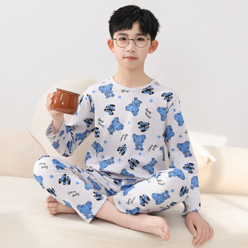 Spring Children'S Loose Casual Pure Cotton Round Neck Air Conditioner Home Clothes Small And Middle-Aged Boys Long-Sleeved Pants Pajamas Two-Piece Set - Image 2