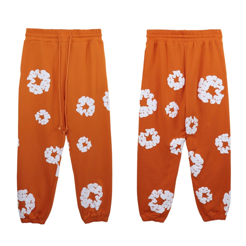 American-style High Street Hip Hop Kapok Printed Sweatshirt suit for Lovers fleece-lined Casual All-match Hooded Sweatshirt Pants Orange trousers (white wreath)