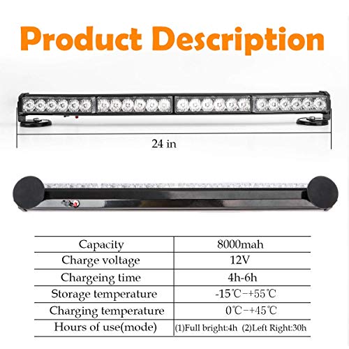 LE-JX LEJX Wireless Remote Control Battery Traffic Advisor Emergency Lights Bar Led Strobe Safety Warning Light Roof Top Hazard Flash with Magnetic Base Mount and 12V Rechargeable Plug 24AmberWhite - Image 3