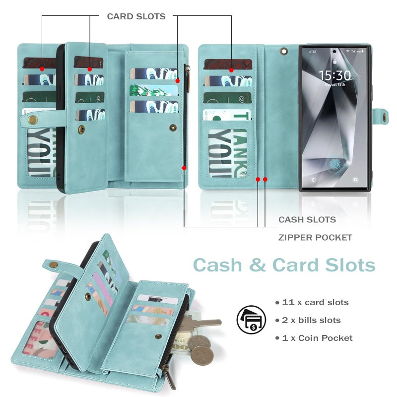 TwoHead for Samsung Galaxy S24 Ultra Wallet Case with Card Holder, Detachable Magnetic Phone Case for S24 Ultra,PU Leather All-Round Protective Phone Case Wallet with Wrist Strap,Blue - Image 2