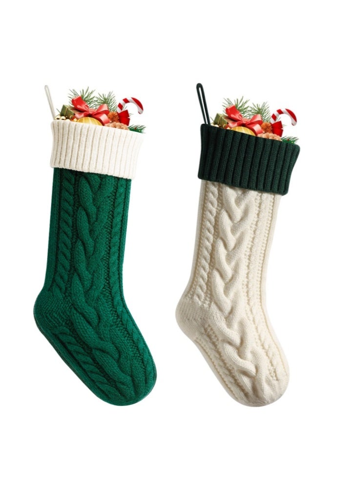 GGEROU 2 قطع جوارب عيد الميلاد 18 بوصة مجموعة كلاسيكية محبوكة بكابل كبيرة جوارب معلقة على المدفأة خضراء - Image 1