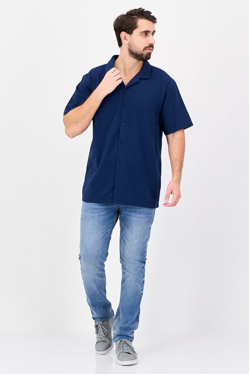 Aeropostale Men Relaxed Fit Textured Short Sleeve Casual Shirt, Navy - Image 4