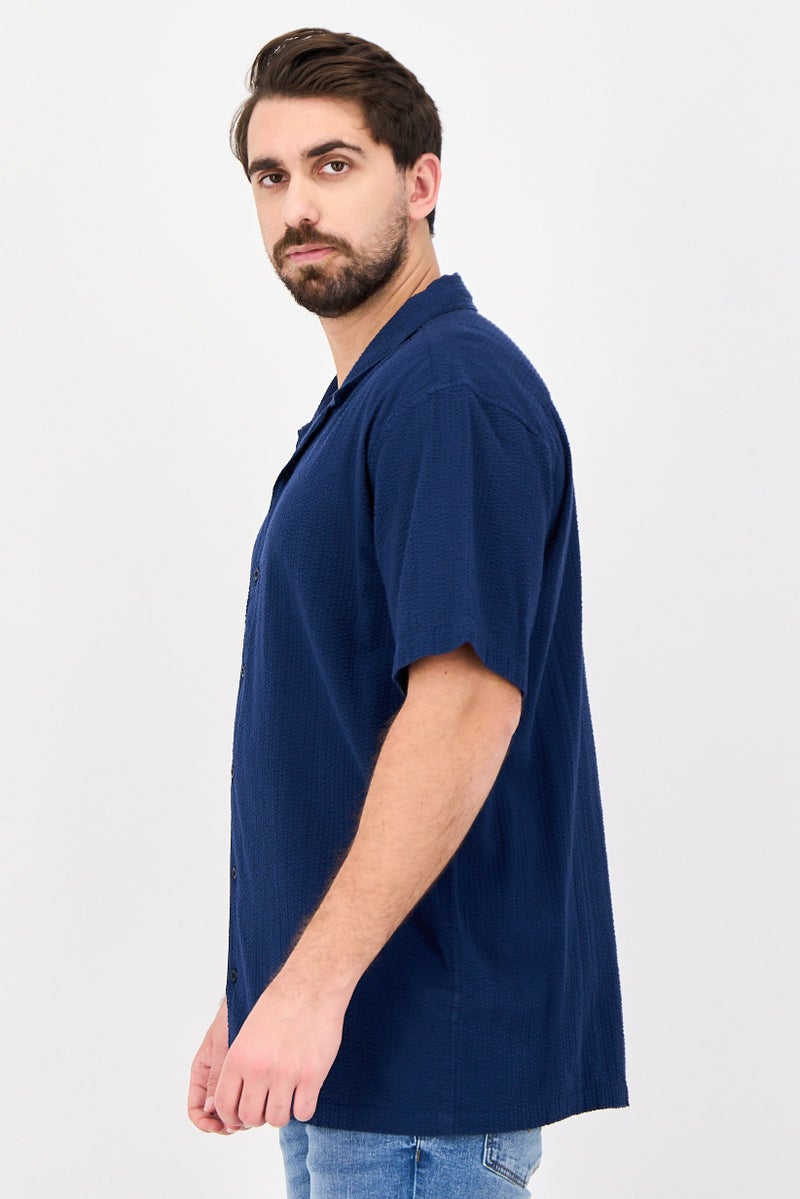 Aeropostale Men Relaxed Fit Textured Short Sleeve Casual Shirt, Navy - Image 2