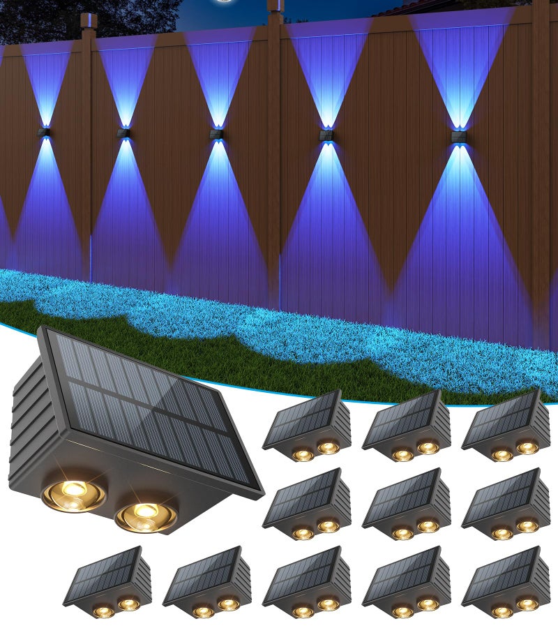 VOLISUN Solar Fence Lights 12 Pack, Color Glow LED Up and Down Wall Lights, IP65 Waterproof Solar Lights Outdoor for Patio, Backyard, Railing, Deck, Fence and Wall (4 Lenses) - Image 1