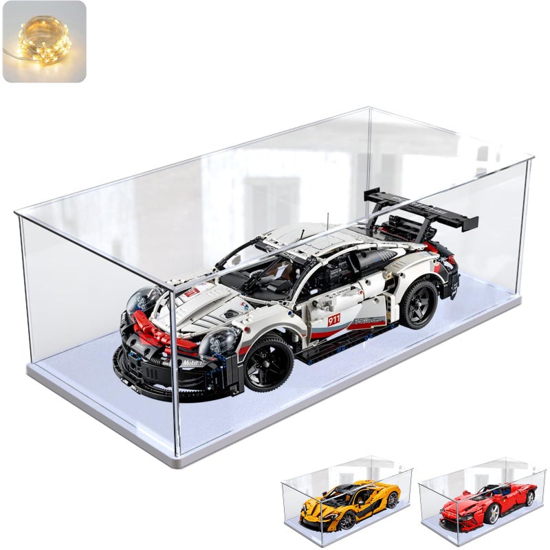 Elepure Thickened Clear Acrylic Display Case with WoodPlastic Base for Lego 42096 Porsche 911 for 42172 McLaren P1 42143 42156 42115 Model Car Transparent Box Large Organizer White Inside 236X118X79inch 