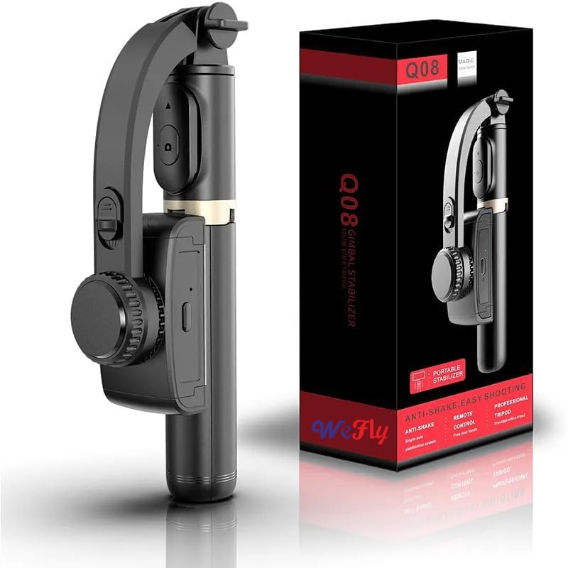 Wefly Q08 Mini Gimbal Anti-Shake 1-Axis STABILIZER Extendable Selfie Stick Tripod, Wireless Remote for Smartphone, Gimbal for Phone Mobile Camera 360 Rotation Black - Image 1